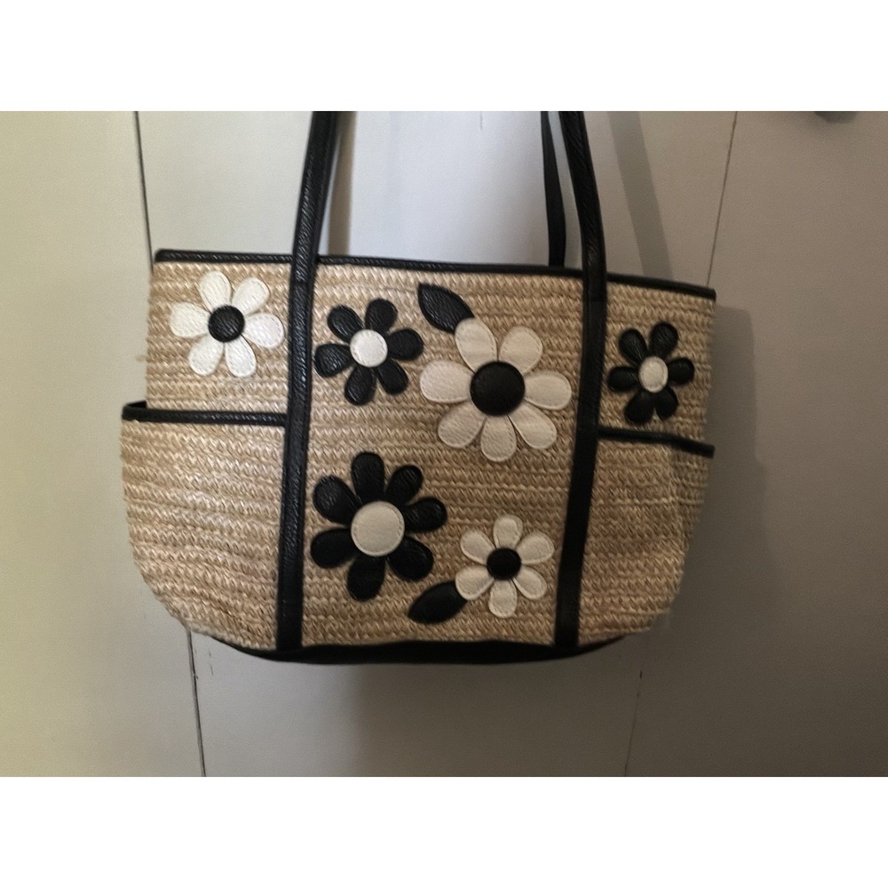 St John's Bat Straw Woven Bag Floral Appliqués Mark On Liner See Pics 10 X 14.5